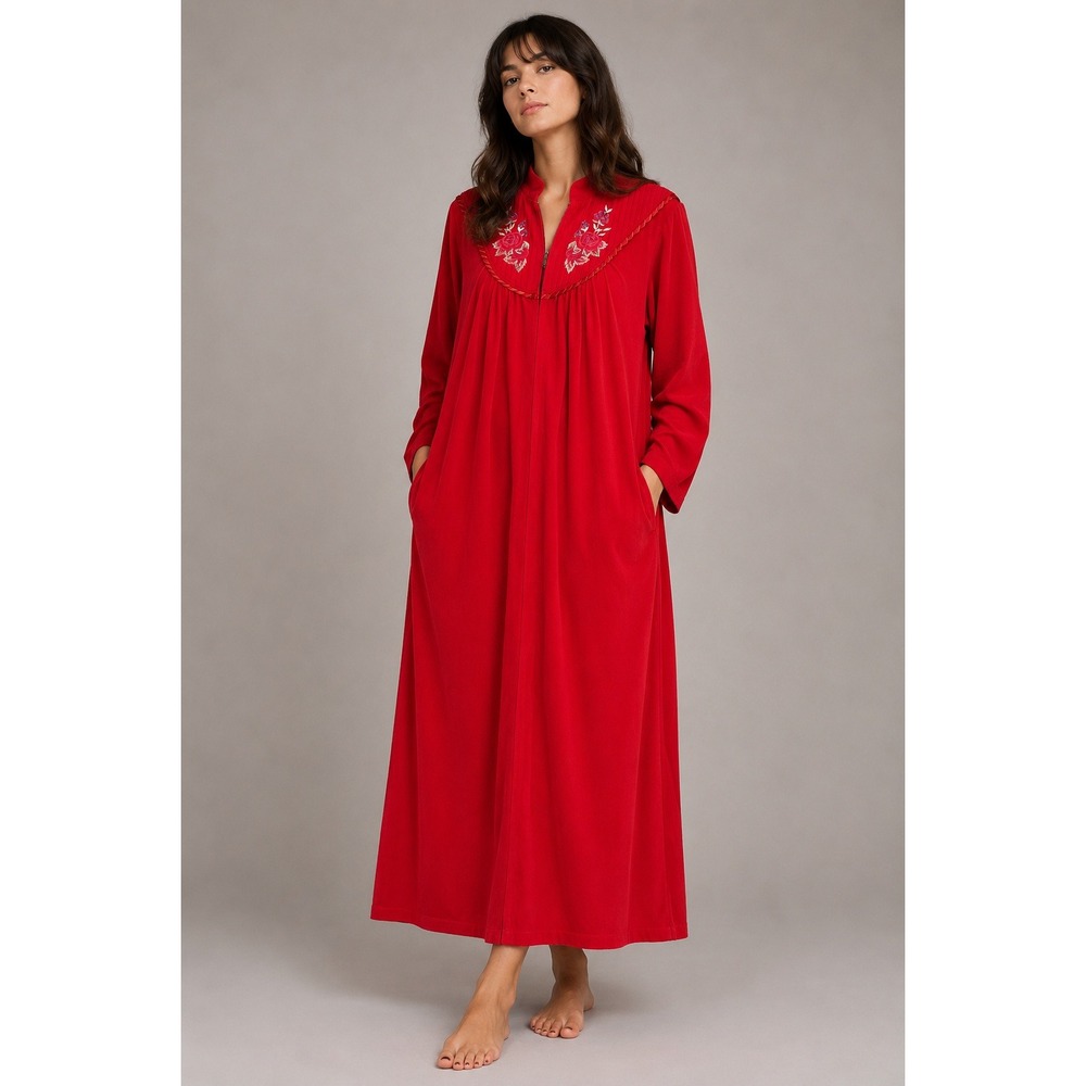 Vintage 90s Adonna Red Velour Robe M Maxi Embroidered Cottagecore Holiday C51